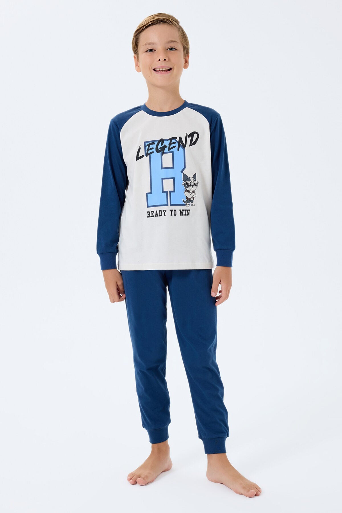 Rolypoly Erkek Çocuk Bisiklet Yaka Baskılı Yazlık Relaxed Fit Beyaz Pijama Takımı RP3745-C-V1 Ürün ana görseli