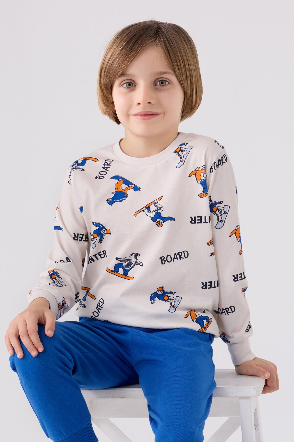 Rolypoly Erkek Çocuk Bisiklet Yaka Pigment Baskýlý Kýþlýk Regular Fit Mavi Pijama Takýmý RP3501-C-V1