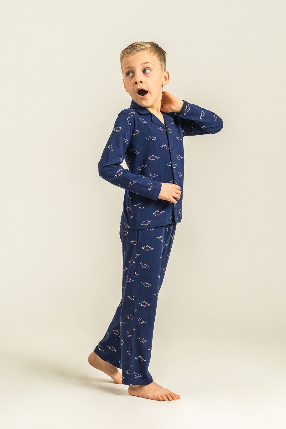 Rolypoly Erkek Çocuk Colorful Dinos Lacivert Gömlek Pijama Takımı RP3867-C-V1