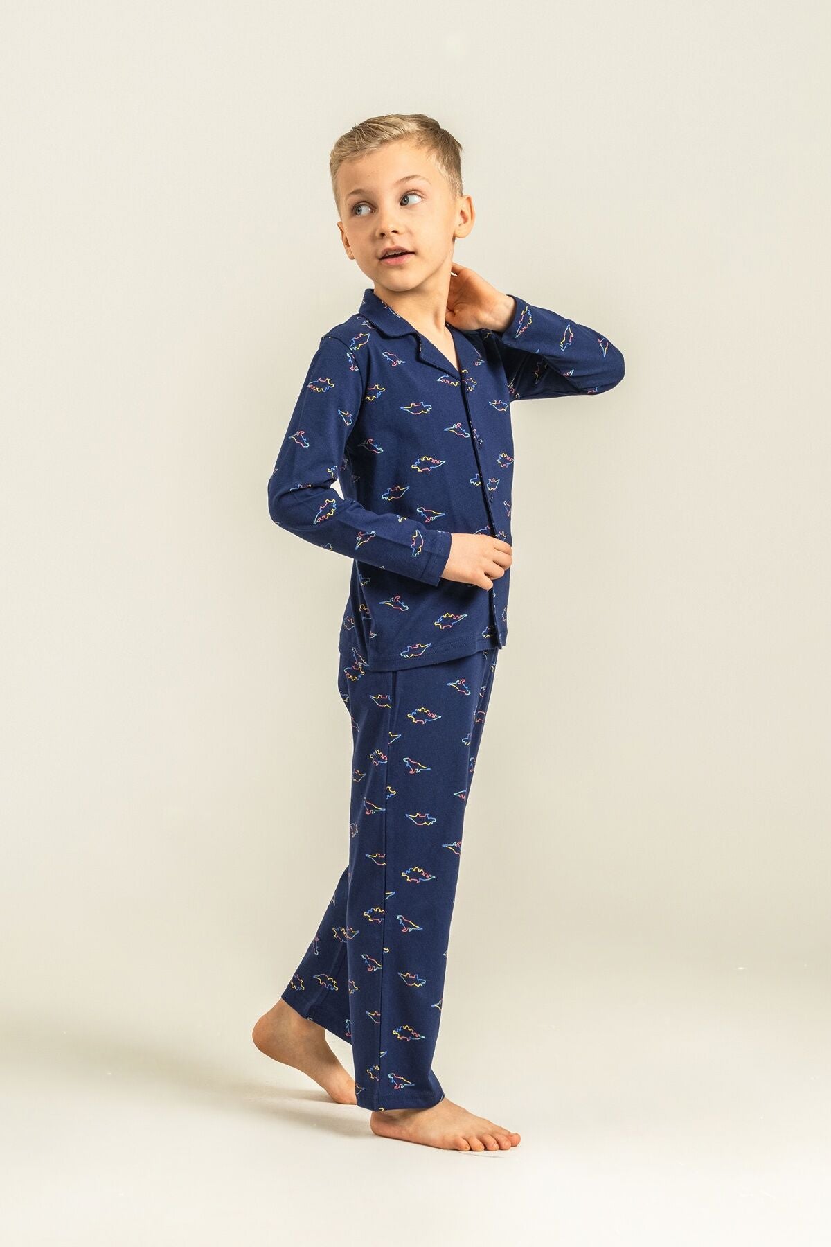 Rolypoly Erkek Çocuk Colorful Dinos Lacivert Gömlek Pijama Takımı RP3867-C-V1