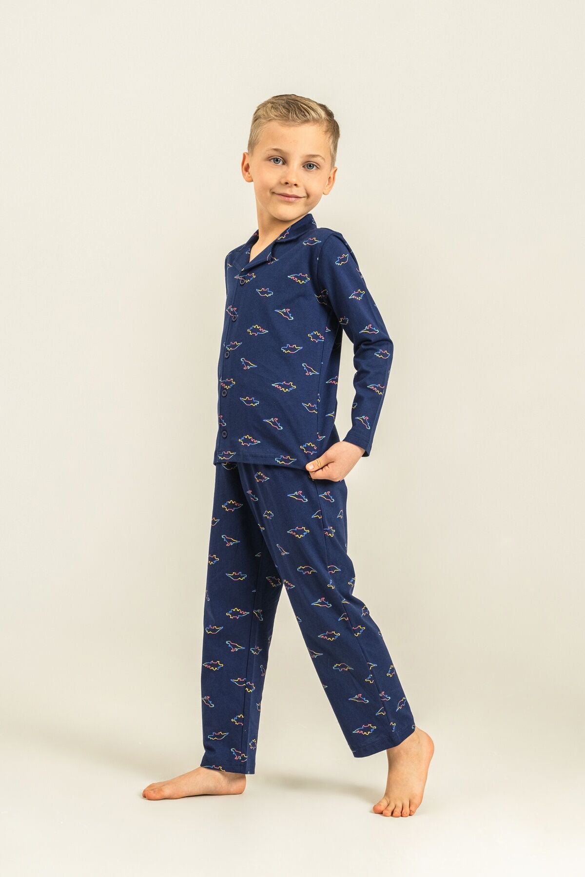 Rolypoly Erkek Çocuk Colorful Dinos Lacivert Gömlek Pijama Takımı RP3867-C-V1