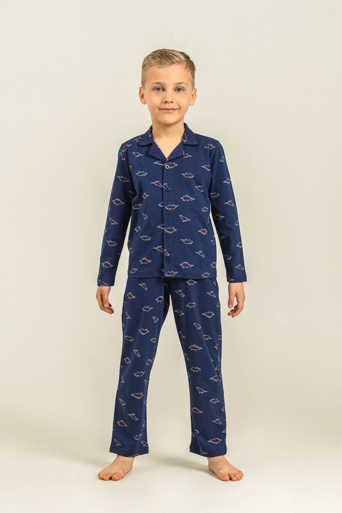 Rolypoly Erkek Çocuk Colorful Dinos Lacivert Gömlek Pijama Takımı RP3867-C-V1