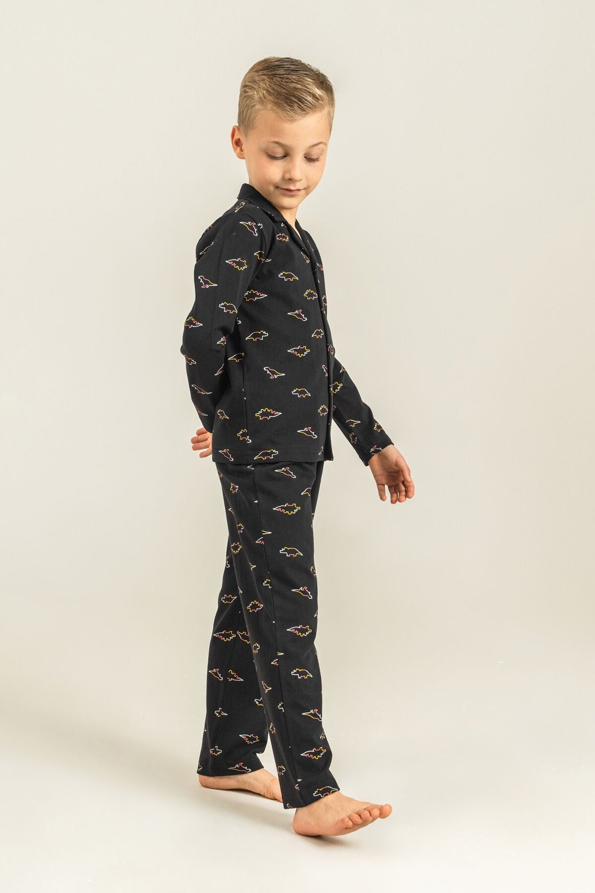 Rolypoly Erkek Çocuk Colorful Dinos Siyah Gömlek Pijama Takımı RP3867-C-V2