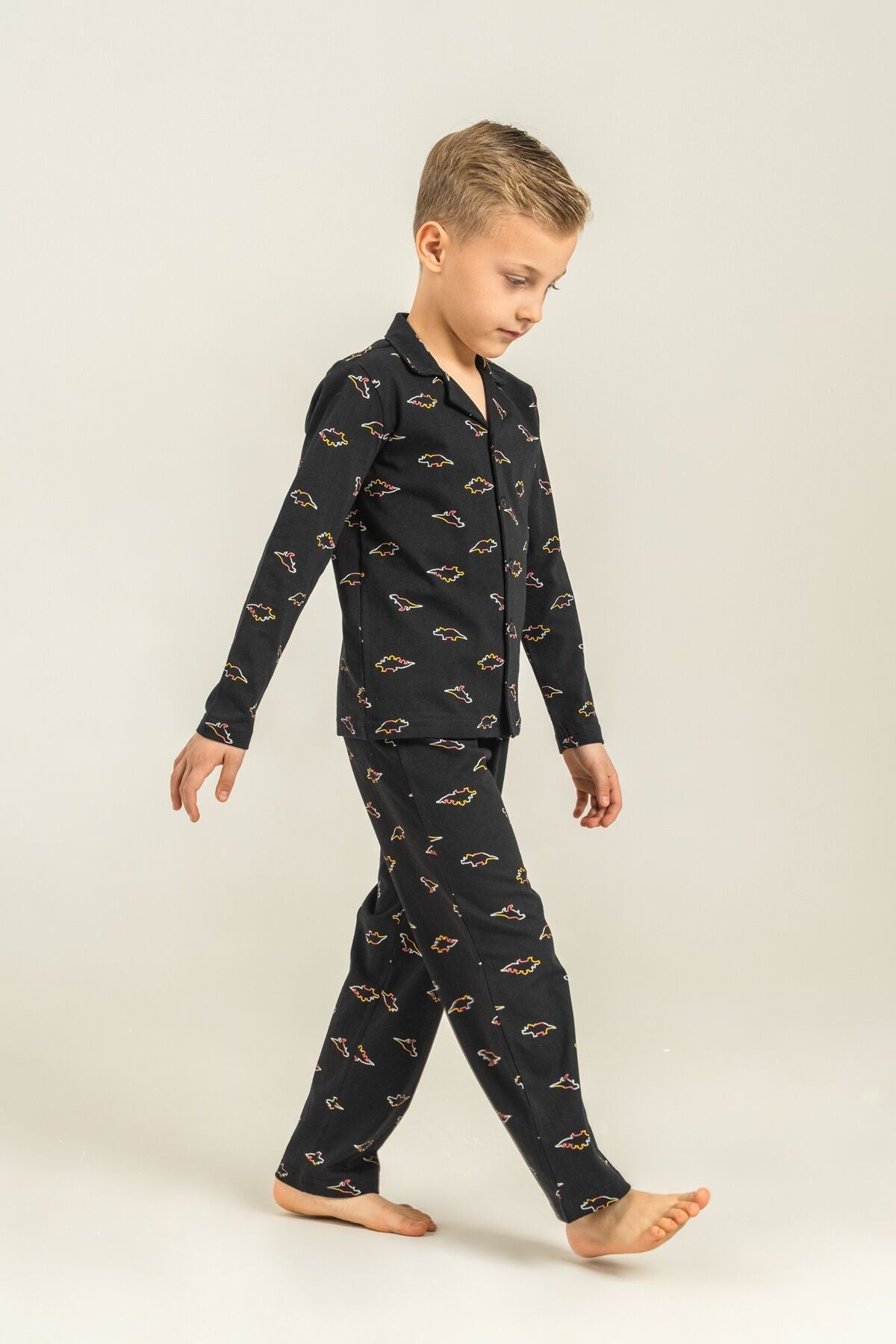 Rolypoly Erkek Çocuk Colorful Dinos Siyah Gömlek Pijama Takımı RP3867-C-V2 Ürün ikincil görseli