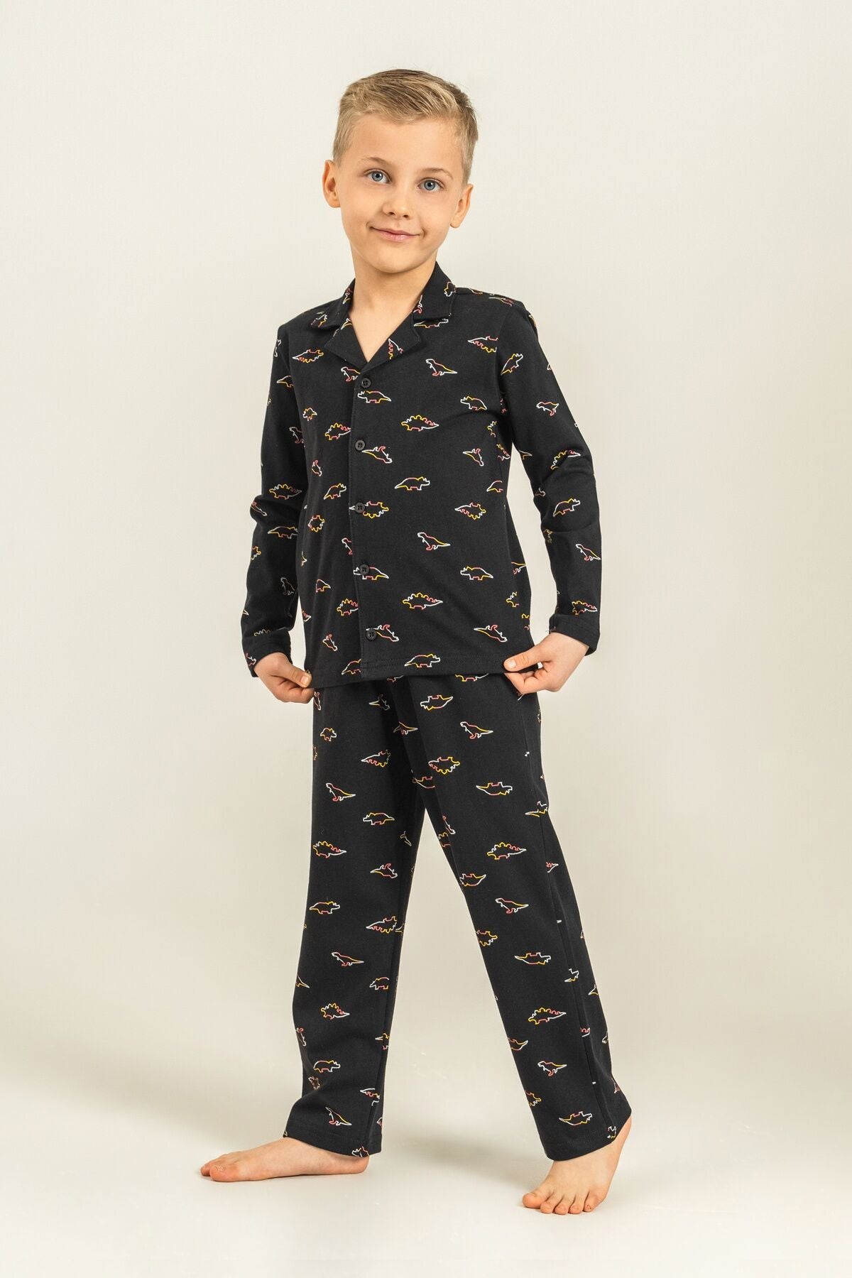 Rolypoly Erkek Çocuk Colorful Dinos Siyah Gömlek Pijama Takımı RP3867-C-V2 Ürün ana görseli