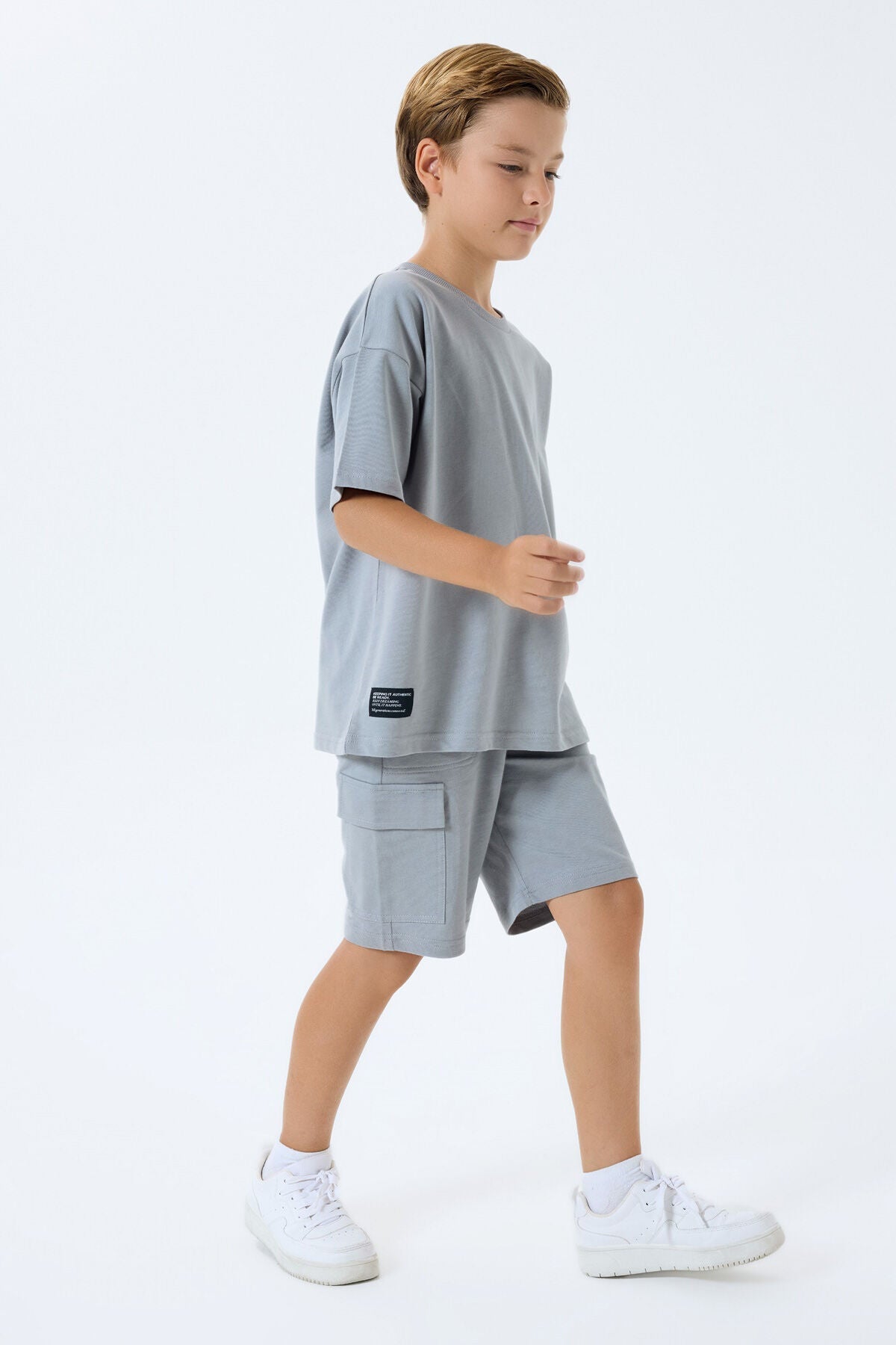 Rolypoly Erkek Çocuk Bisiklet Yaka Baskısız Yazlık Oversize Fit Gri Bermuda Takım RP3765-C-V2 Ürün ana görseli