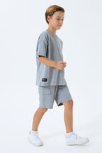 Rolypoly Erkek Çocuk Bisiklet Yaka Baskısız Yazlık Oversize Fit Gri Bermuda Takım RP3765-C-V2