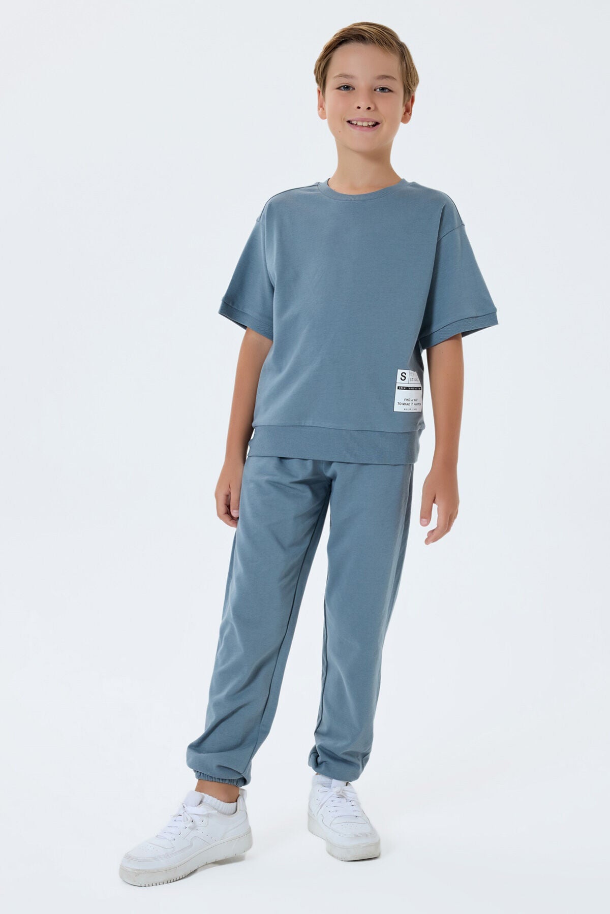 Rolypoly Erkek Çocuk Bisiklet Yaka Baskılı Yazlık Oversize Fit Mavi Eşofman Takımı RP3767-C-V2 Ürün ana görseli