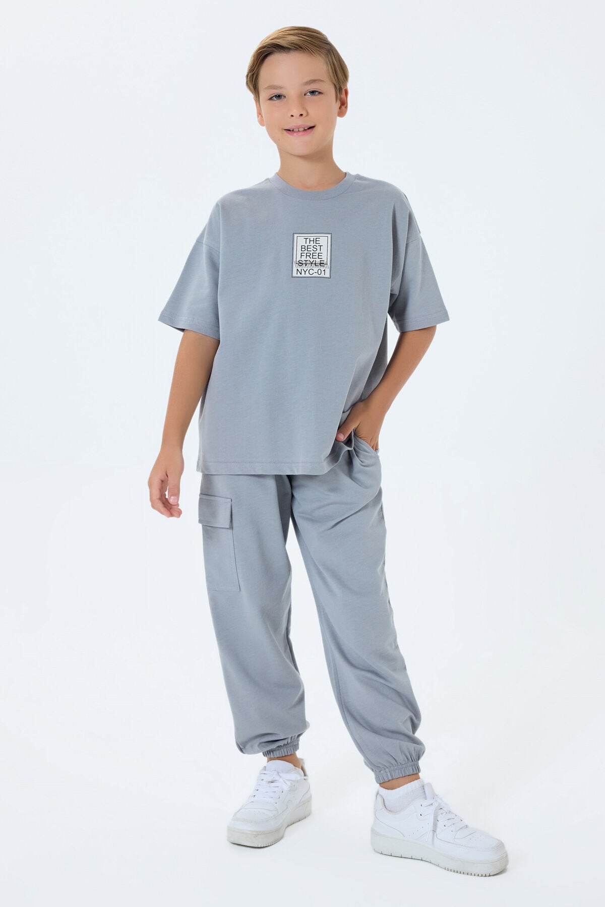 Rolypoly Erkek Çocuk Bisiklet Yaka Baskılı Yazlık Oversize Fit Gri Pijama Takımı RP3766-C-V1 Ürün ana görseli