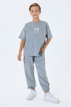 Rolypoly Erkek Çocuk Bisiklet Yaka Baskılı Yazlık Oversize Fit Gri Pijama Takımı RP3766-C-V1