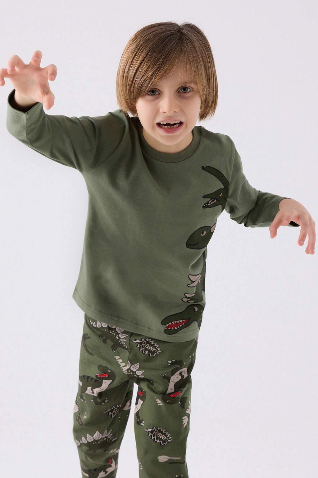 Rolypoly Erkek Çocuk Bisiklet Yaka Pigment Baskılı Kışlık Regular Fit Haki Pijama Takımı RP3429-C-V1
