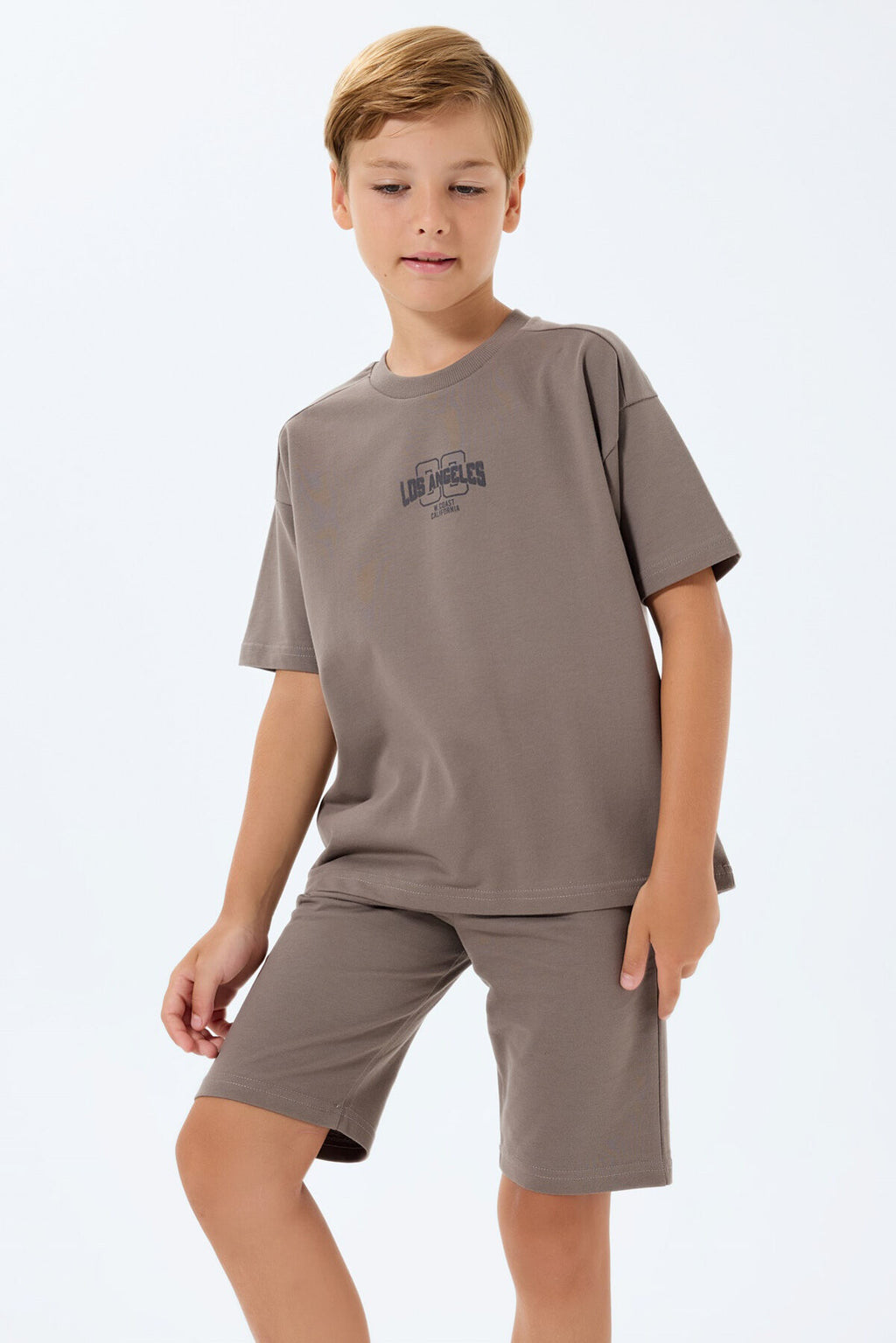 Rolypoly Erkek Çocuk Bisiklet Yaka Baskılı Yazlık Oversize Fit Kahverengi Bermuda Takım RP3729-C-V2