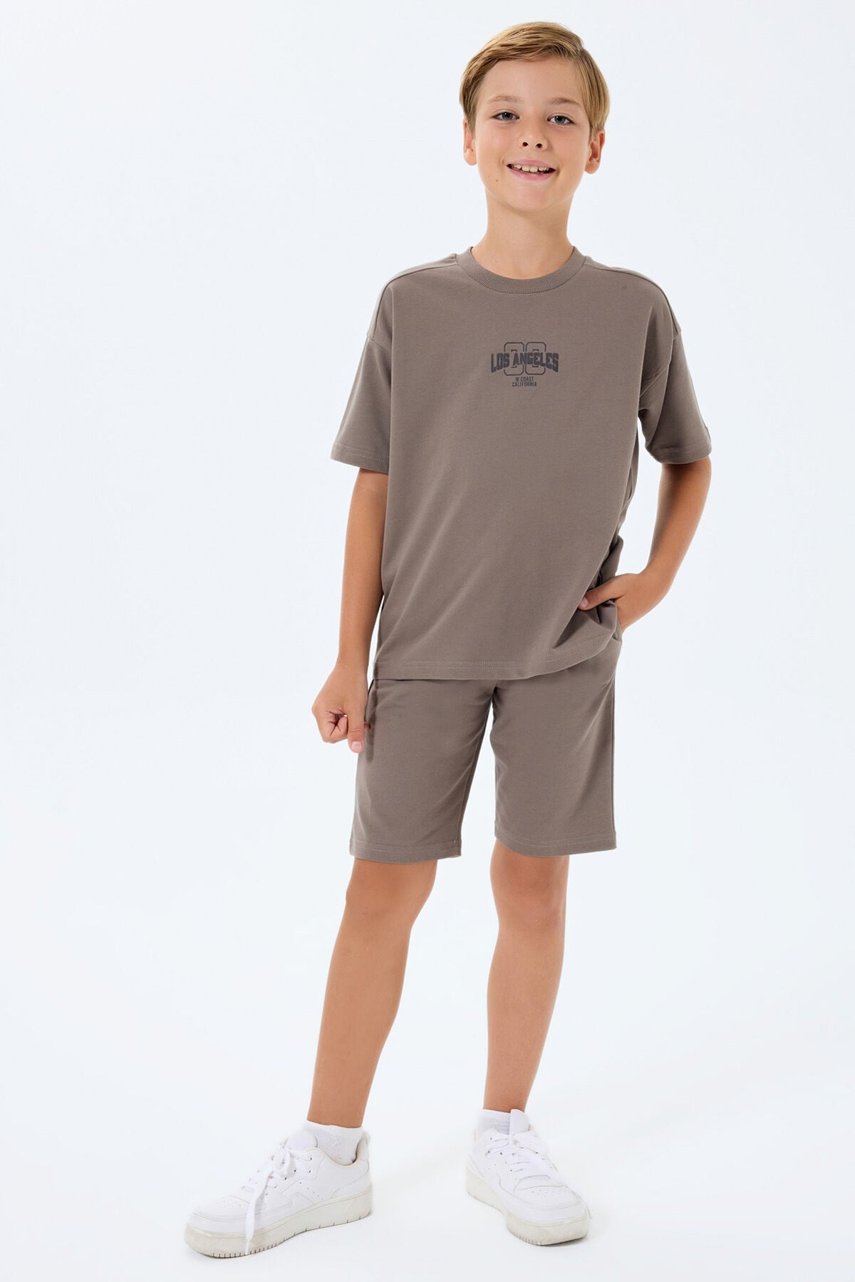 Rolypoly Erkek Çocuk Bisiklet Yaka Baskılı Yazlık Oversize Fit Kahverengi Bermuda Takım RP3729-C-V2