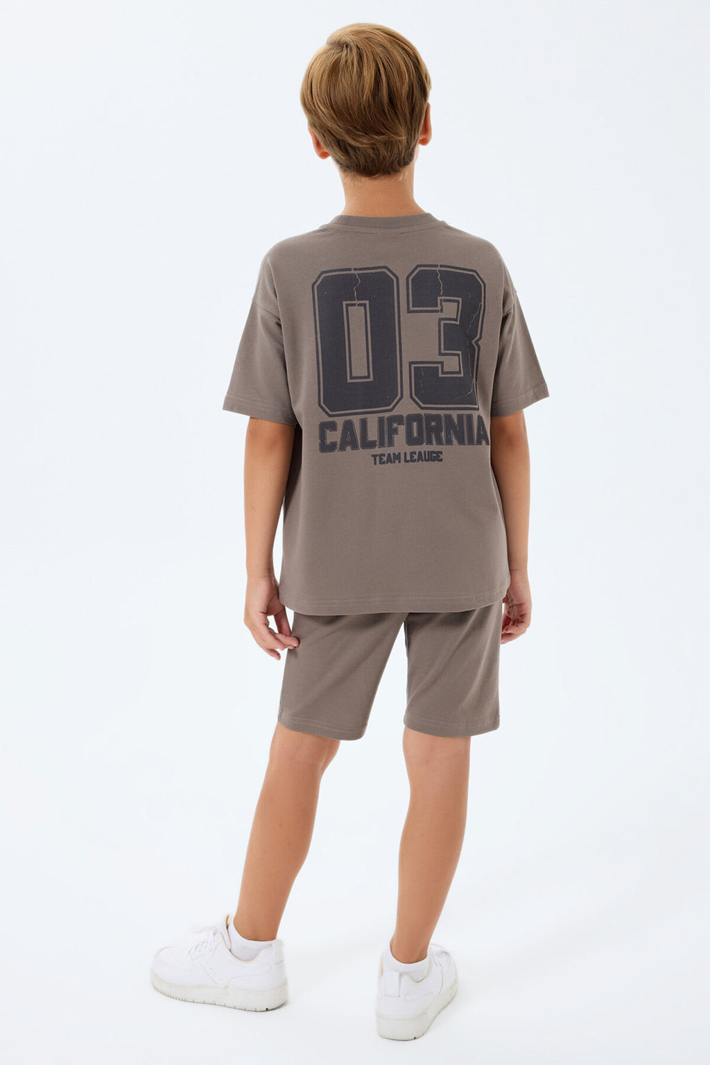 Rolypoly Erkek Çocuk Bisiklet Yaka Baskılı Yazlık Oversize Fit Kahverengi Bermuda Takım RP3729-C-V2