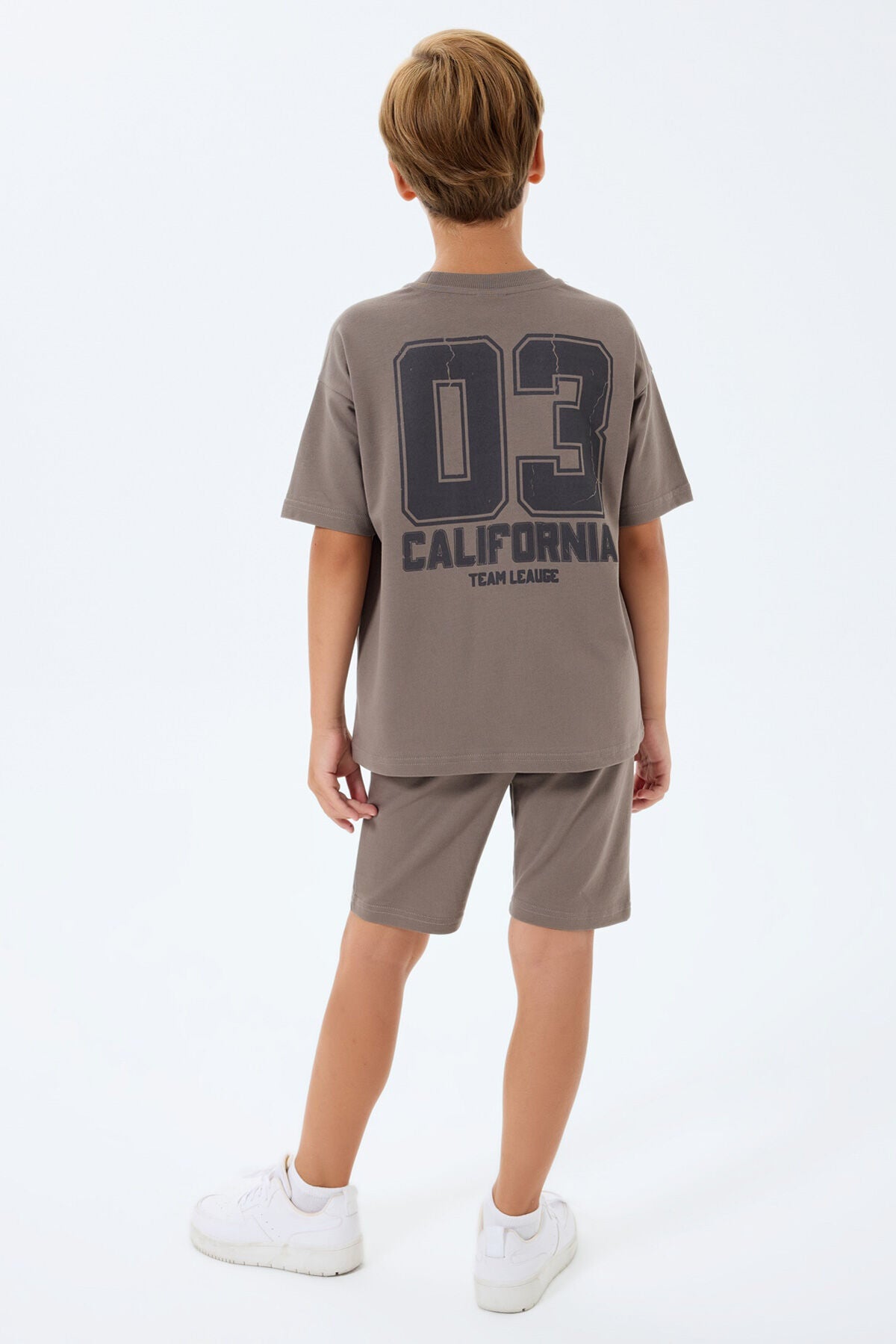 Rolypoly Erkek Çocuk Bisiklet Yaka Baskılı Yazlık Oversize Fit Kahverengi Bermuda Takım RP3729-C-V2