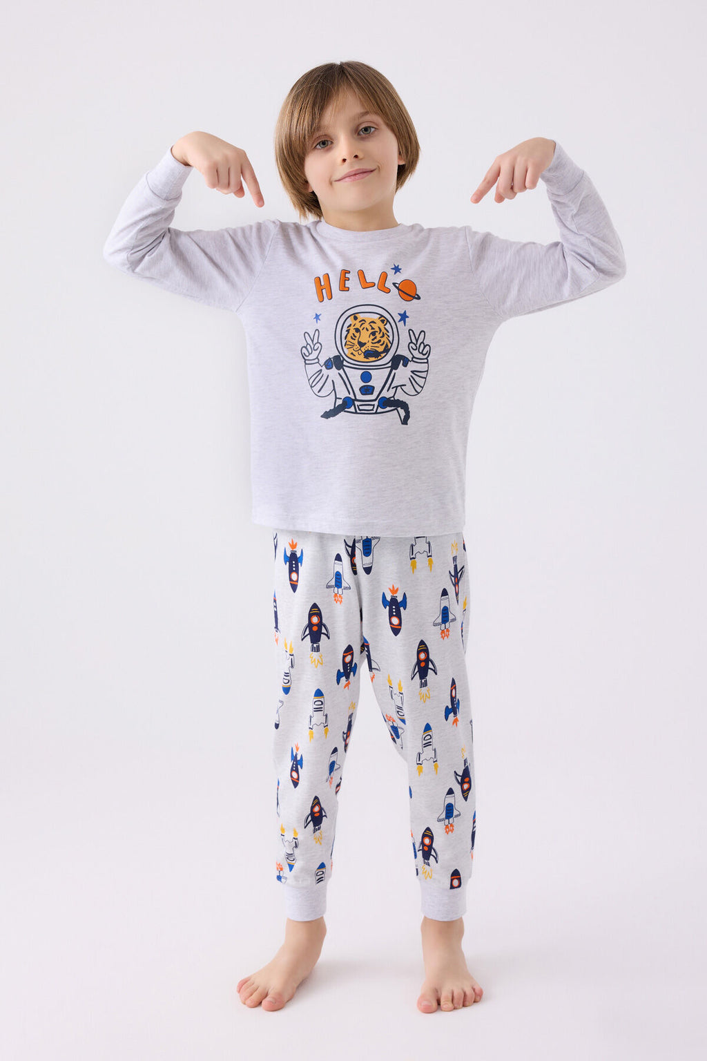Rolypoly Erkek Çocuk Bisiklet Yaka Pigment Baskılı Kışlık Regular Fit Gri Pijama Takımı RP3443-C-V1