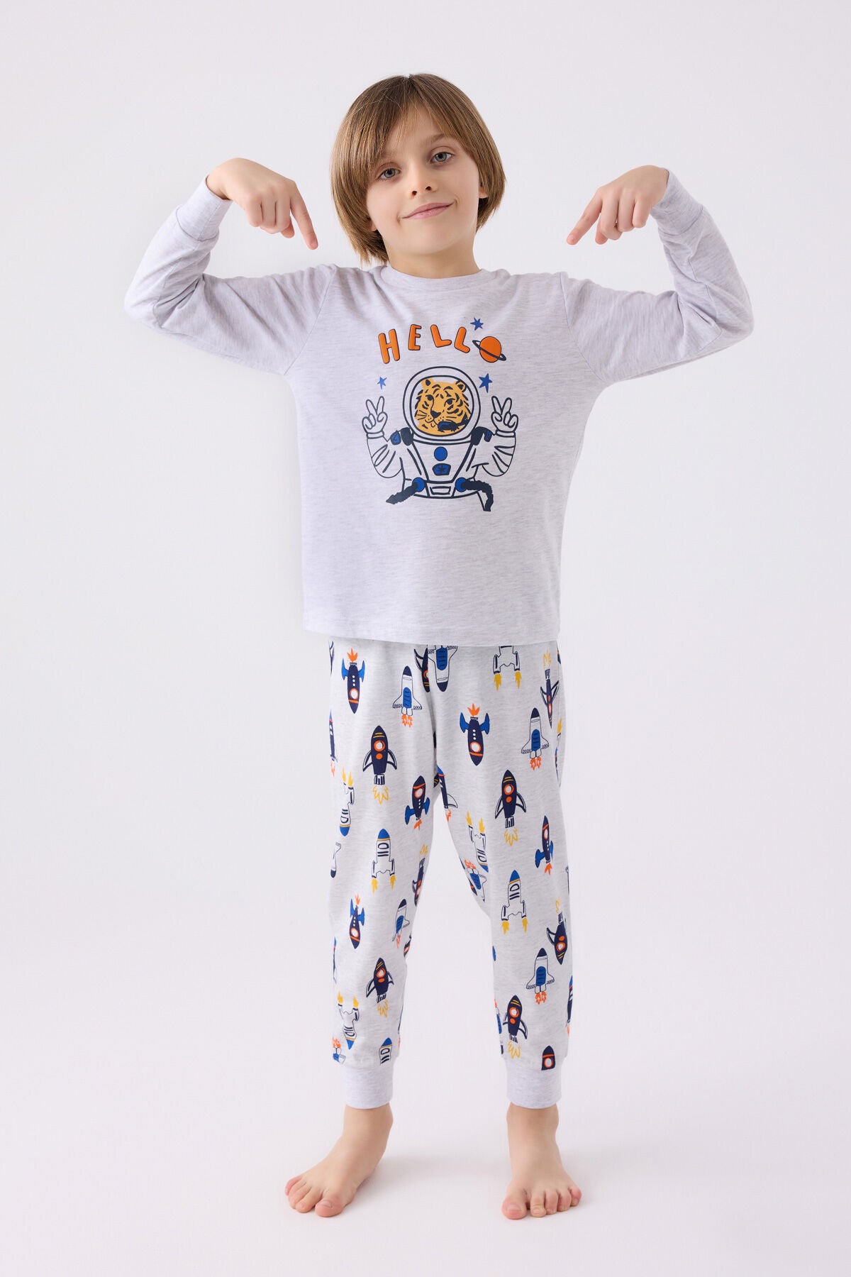 Rolypoly Erkek Çocuk Bisiklet Yaka Pigment Baskılı Kışlık Regular Fit Gri Pijama Takımı RP3443-C-V1
