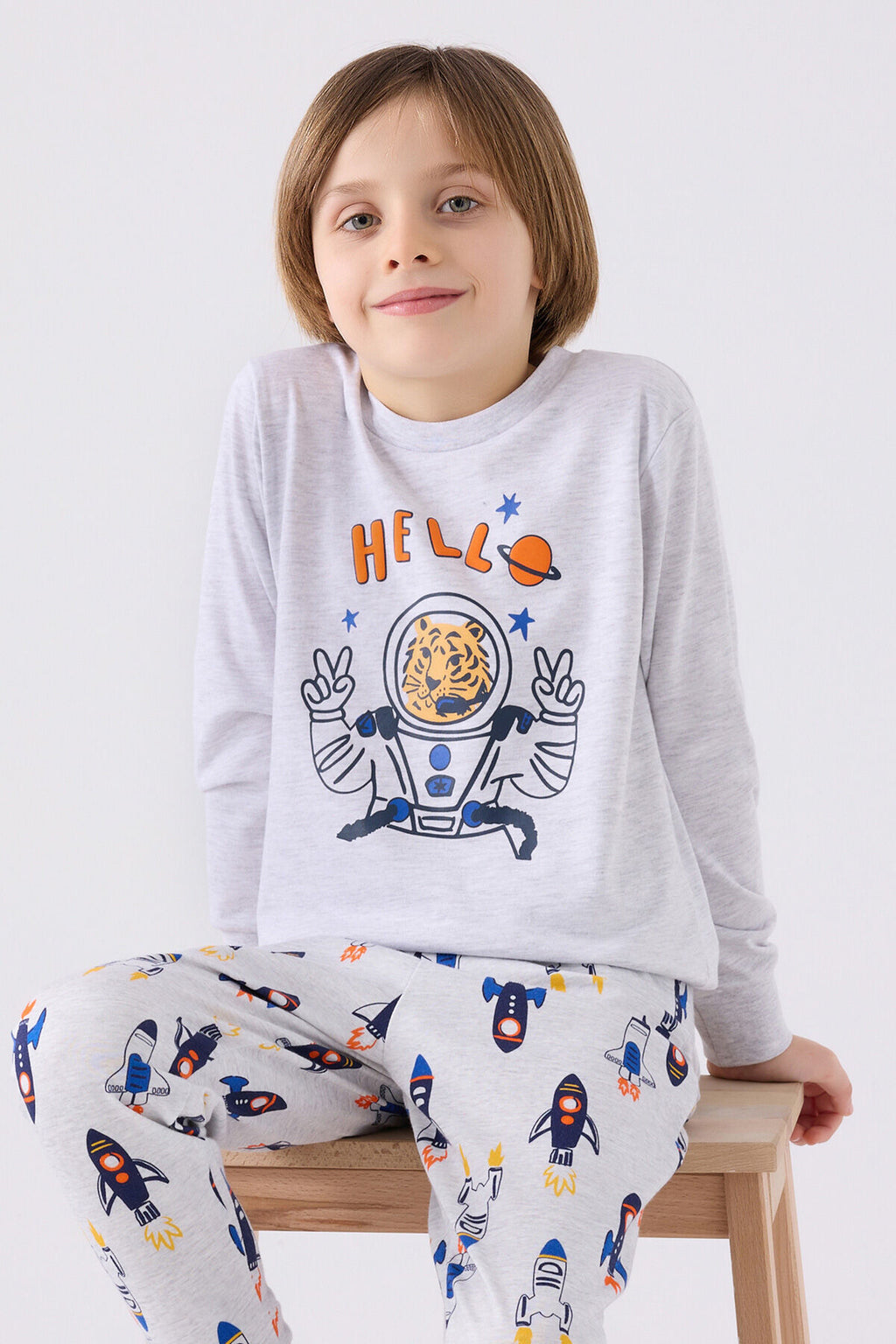 Rolypoly Erkek Çocuk Bisiklet Yaka Pigment Baskılı Kışlık Regular Fit Gri Pijama Takımı RP3443-C-V1