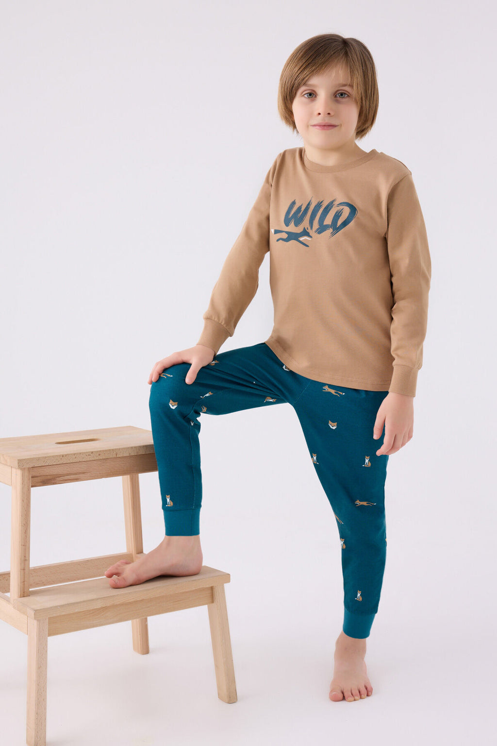Rolypoly Erkek Çocuk Bisiklet Yaka Pigment Baskılı Kışlık Regular Fit Kahverengi Pijama Takımı RP3433-C-V2