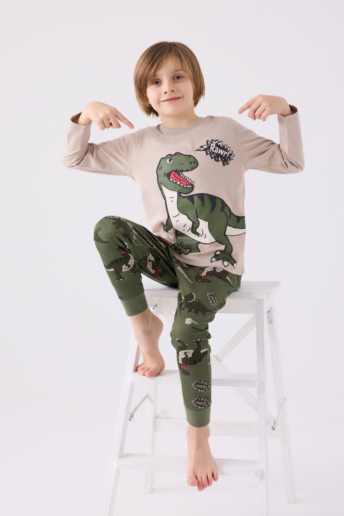 Erkek Çocuk Haki Uzun Kol Pijama Takım