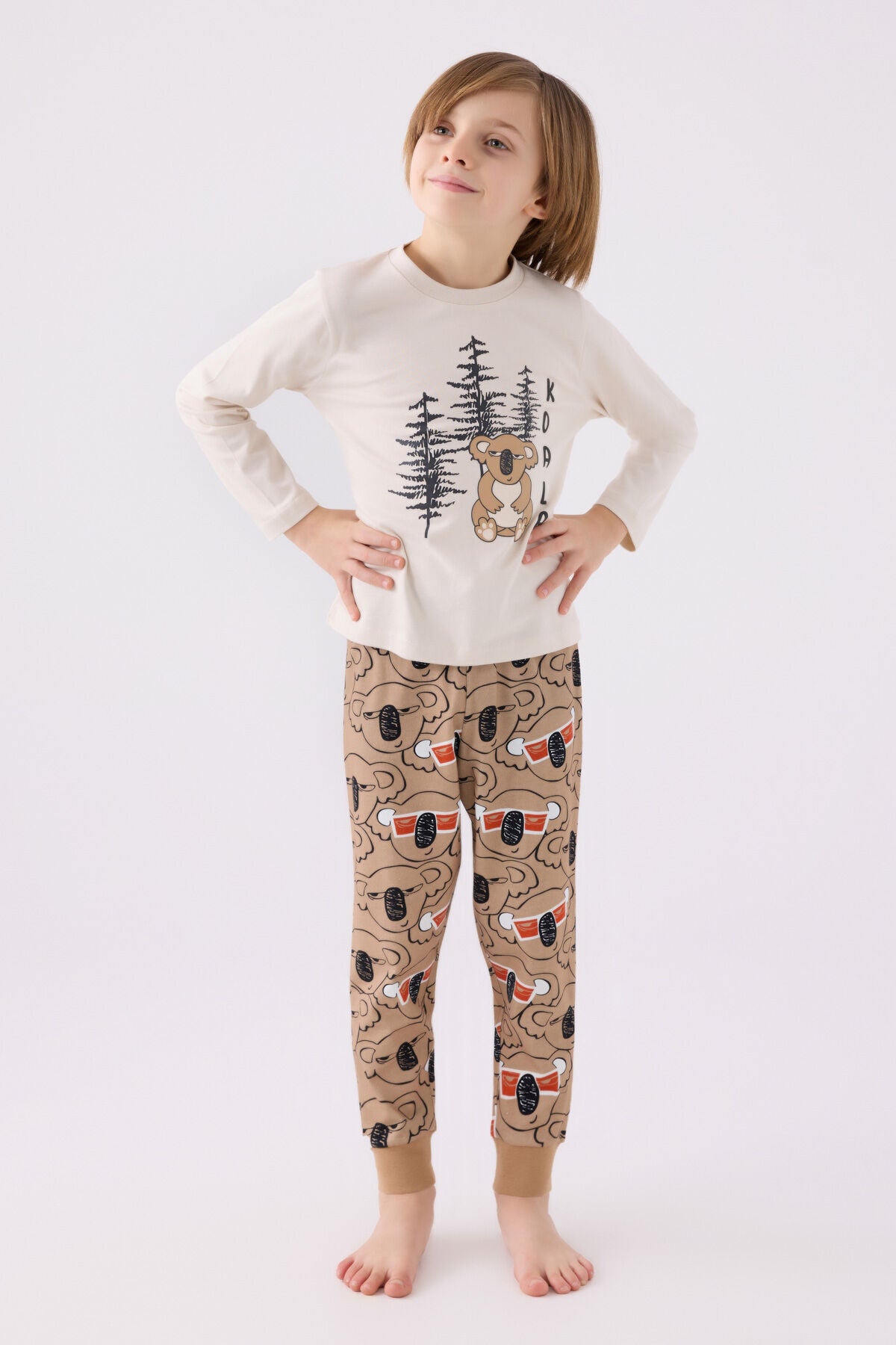 Rolypoly Erkek Çocuk Bisiklet Yaka Pigment Baskılı Kışlık Regular Fit Kahverengi Pijama Takımı RP3448-C-V2 Ürün ana görseli