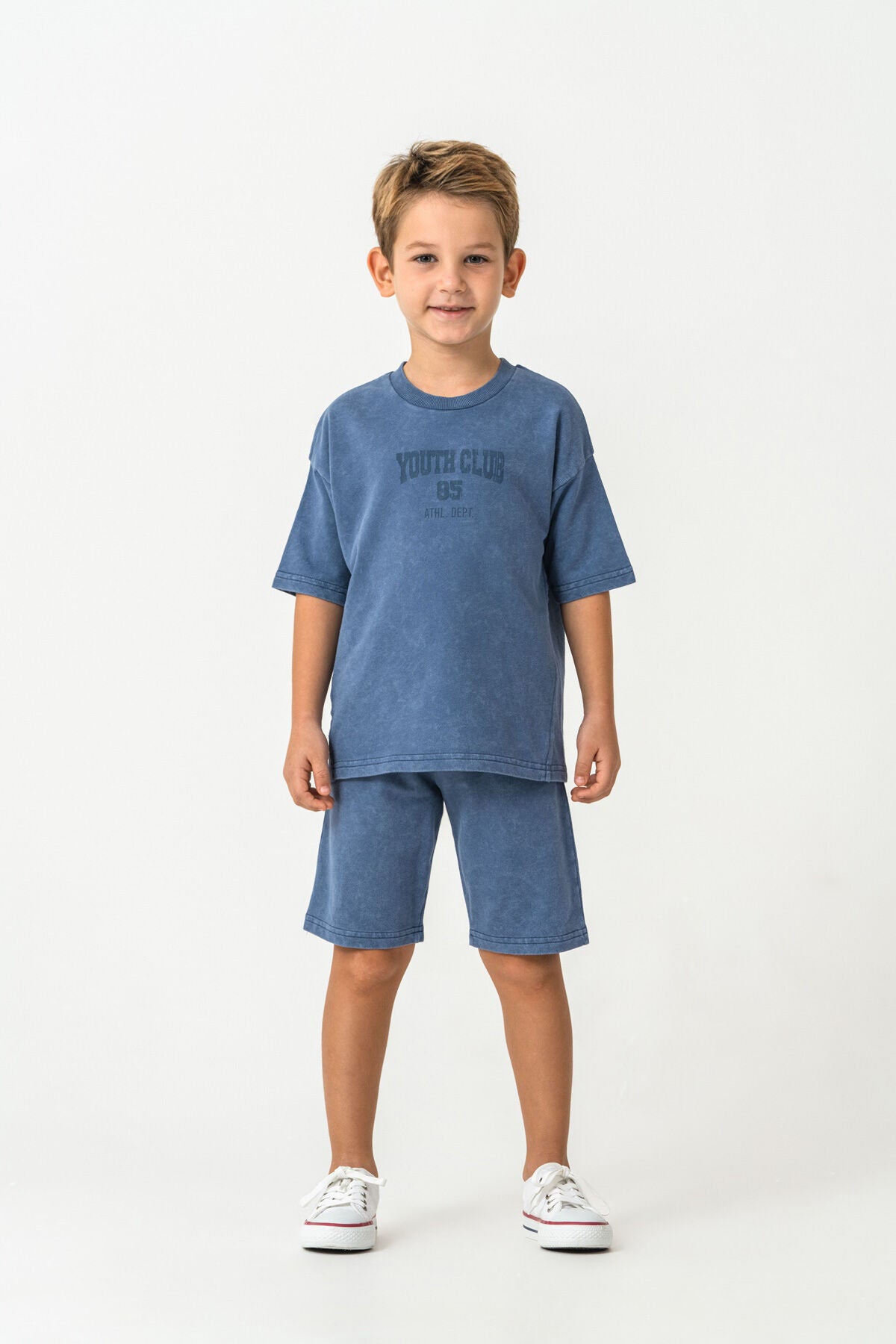 Rolypoly Erkek Çocuk Bisiklet Yaka Baskılı Yazlık Oversize Fit Lacivert Bermuda Takım RP3728-C-V2 Ürün ana görseli