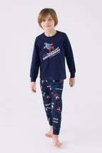Rolypoly Erkek Çocuk Bisiklet Yaka Pigment Baskılı Kışlık Regular Fit Lacivert Pijama Takımı RP3435-C-V2