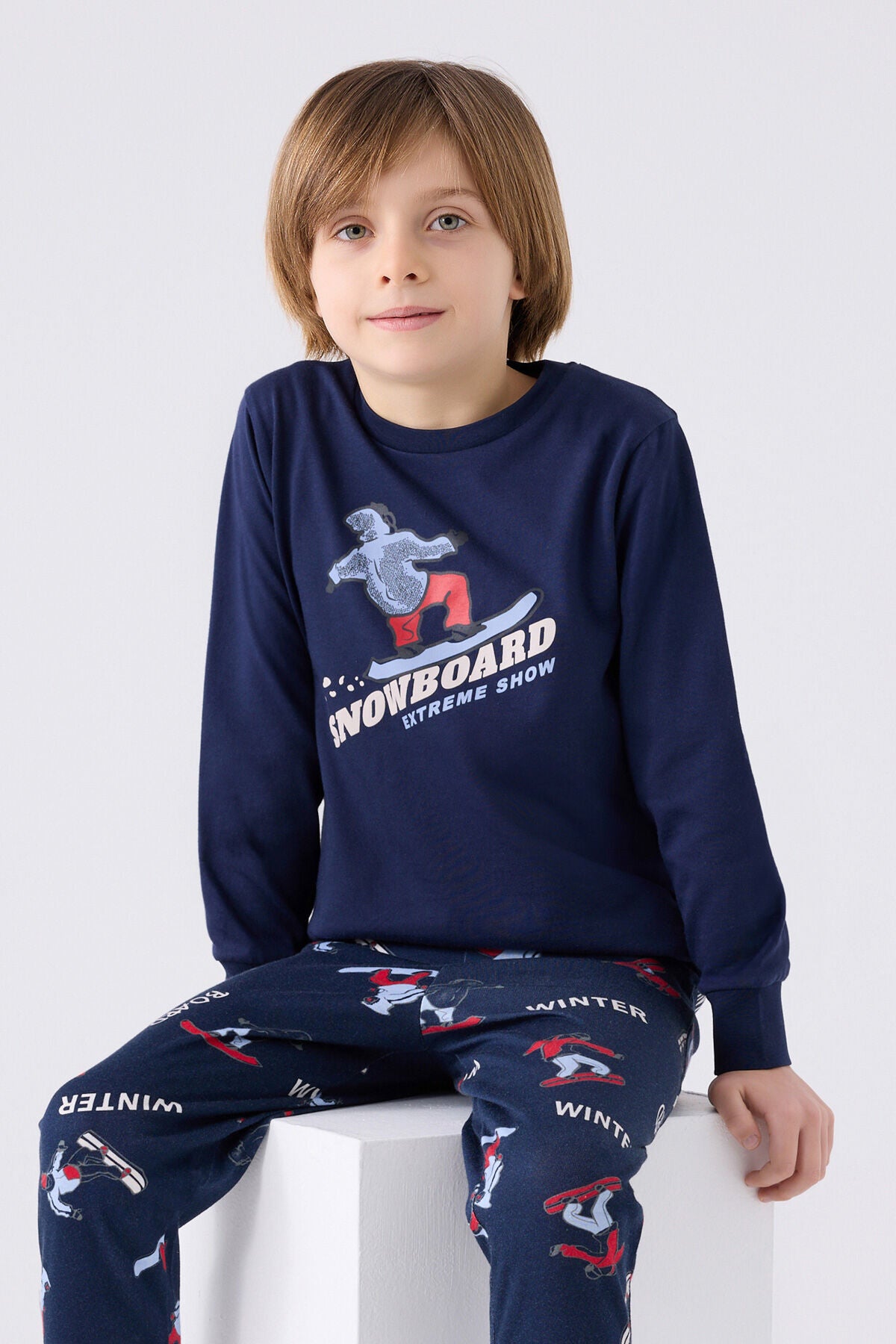 Rolypoly Erkek Çocuk Bisiklet Yaka Pigment Baskılı Kışlık Regular Fit Lacivert Pijama Takımı RP3435-C-V2