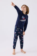 Rolypoly Erkek Çocuk Bisiklet Yaka Pigment Baskılı Kışlık Regular Fit Lacivert Pijama Takımı RP3435-C-V2