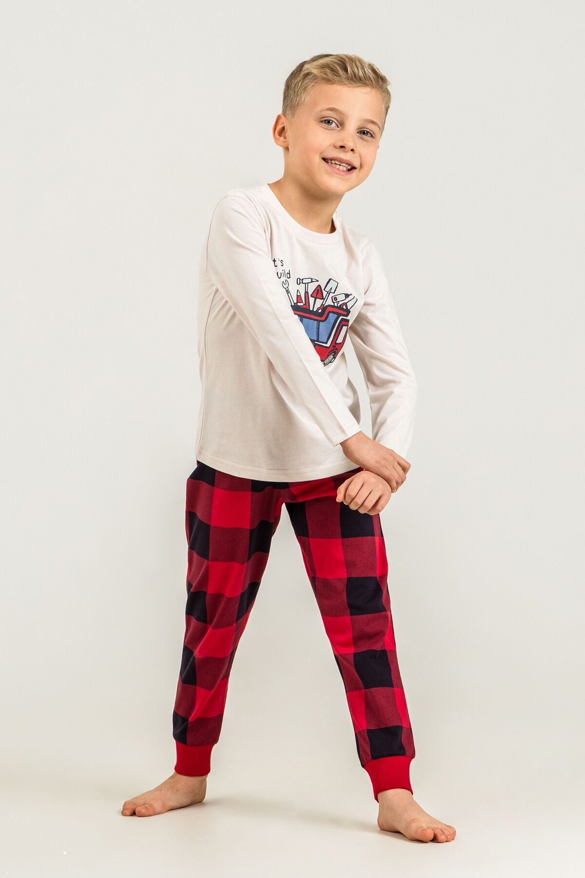 Rolypoly Erkek Çocuk Let's Build Beyaz Uzun Kol Pijama Takım RP3872-C-V1