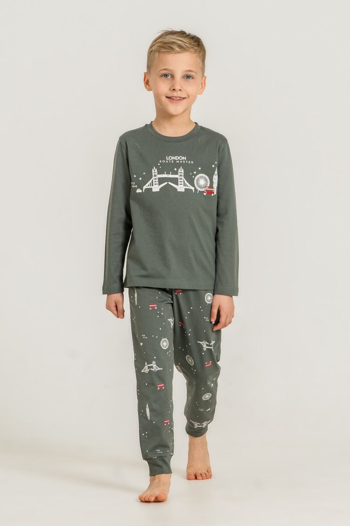 Rolypoly Erkek Çocuk London Route Master Yeşil Uzun Kol Pijama Takım RP3876-C-V2 Ürün ikincil görseli