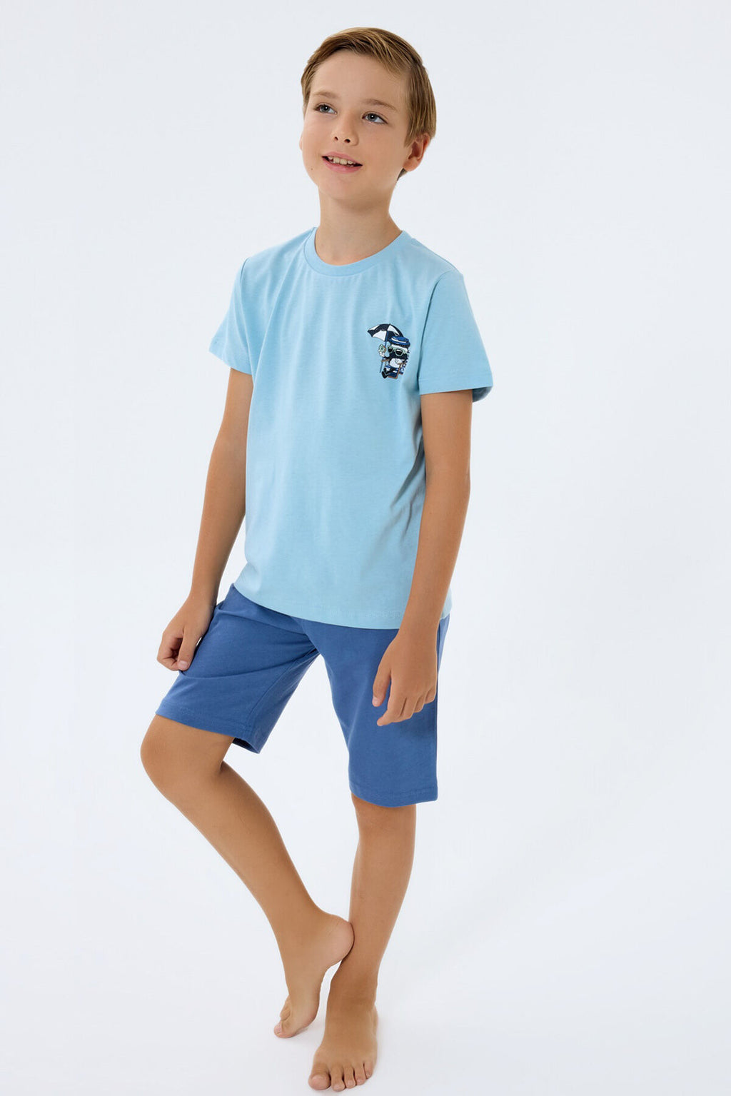 Rolypoly Erkek Çocuk Bisiklet Yaka Baskılı Yazlık Regular Fit Mavi Bermuda Takım RP3813-C-V1