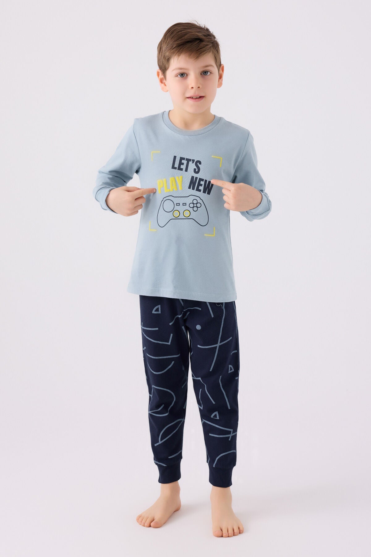 Rolypoly Erkek Çocuk Bisiklet Yaka Pigment Baskılı Kışlık Regular Fit Mavi Pijama Takımı RP3379-C-V2 Ürün ana görseli