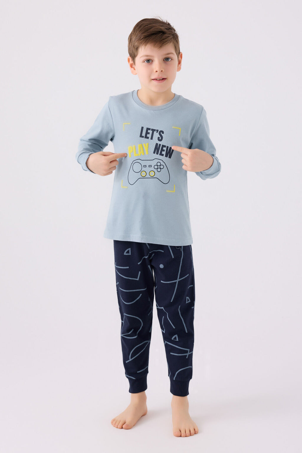 Rolypoly Erkek Çocuk Bisiklet Yaka Pigment Baskılı Kışlık Regular Fit Mavi Pijama Takımı RP3379-C-V2