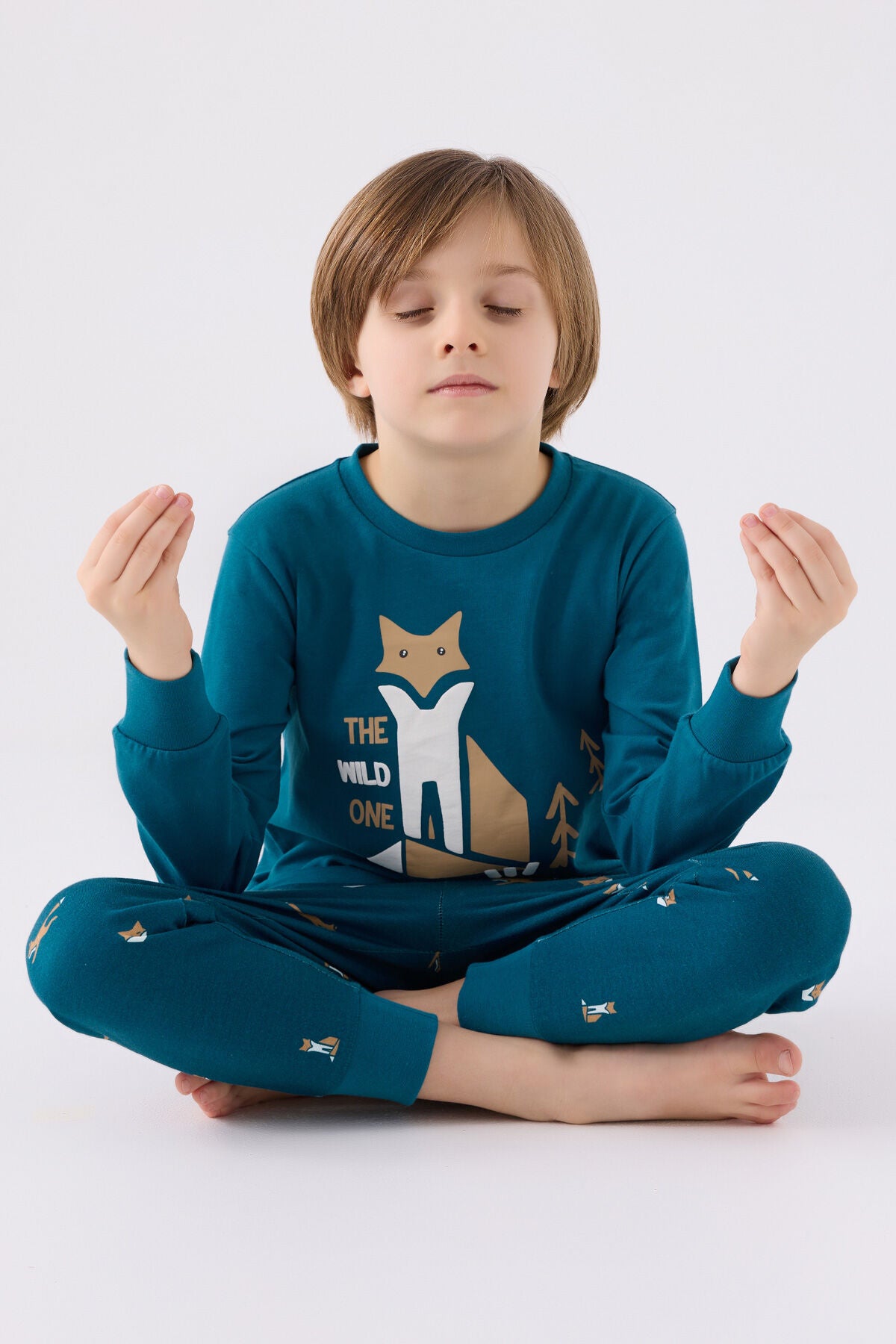 Rolypoly Erkek Çocuk Bisiklet Yaka Pigment Baskılı Kışlık Regular Fit Mavi Pijama Takımı RP3432-C-V2