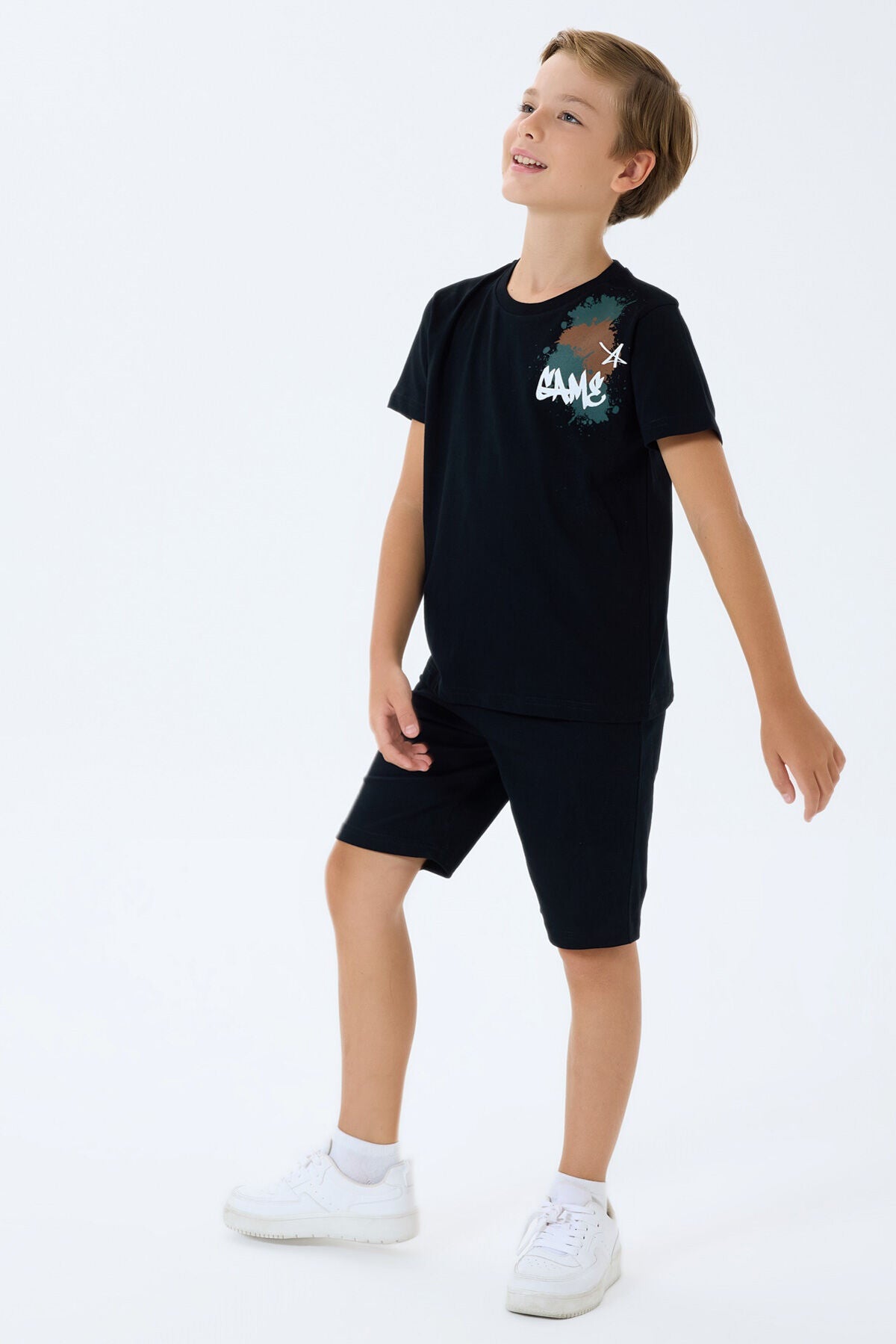 Rolypoly Erkek Çocuk Bisiklet Yaka Baskılı Yazlık Regular Fit Siyah Bermuda Takım RP3763-C-V2 Ürün ana görseli