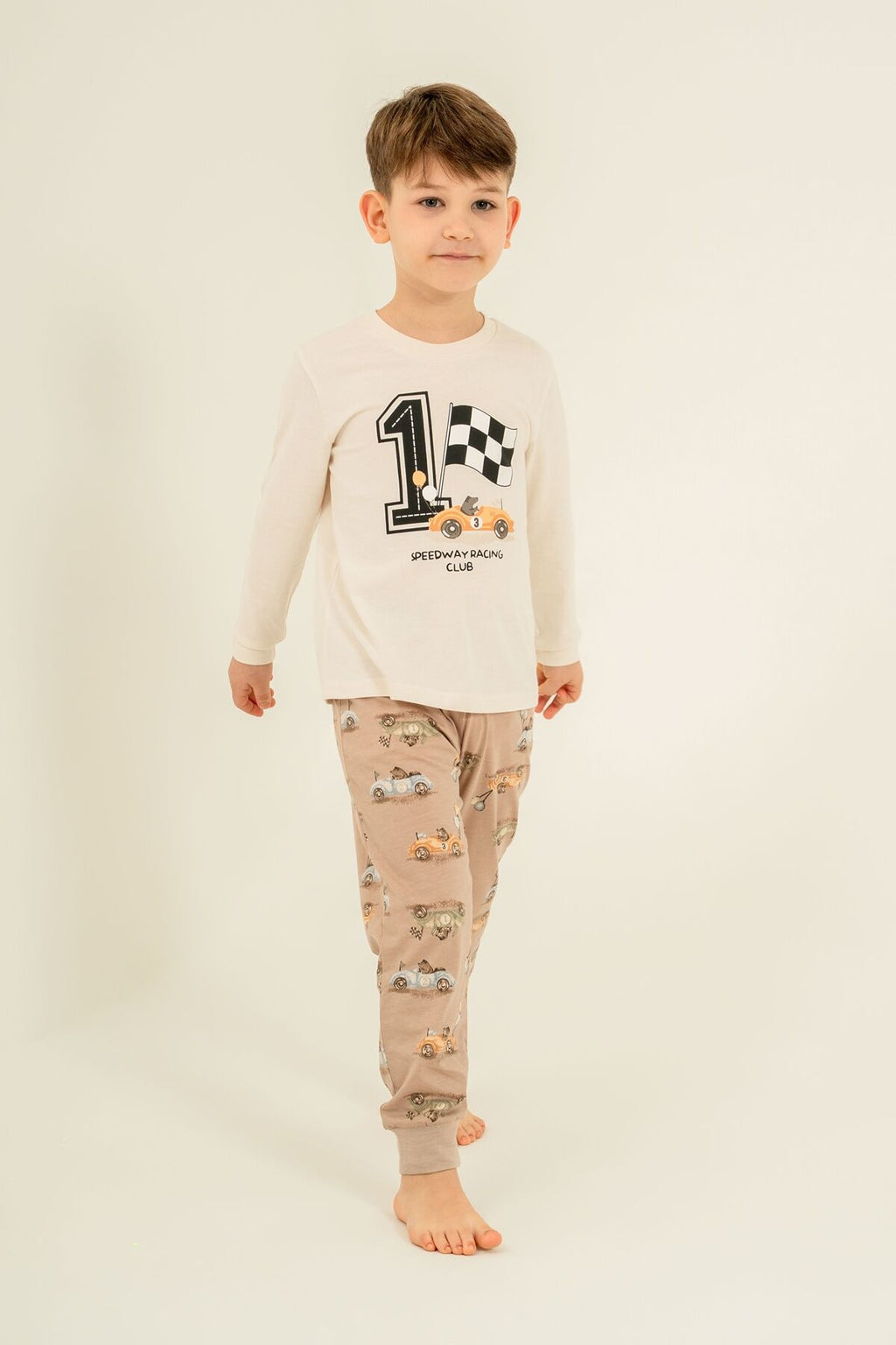 Rolypoly Erkek Çocuk Speedway Racing Club Beyazuzun Kol Pijama Takım RP3875-C-V1