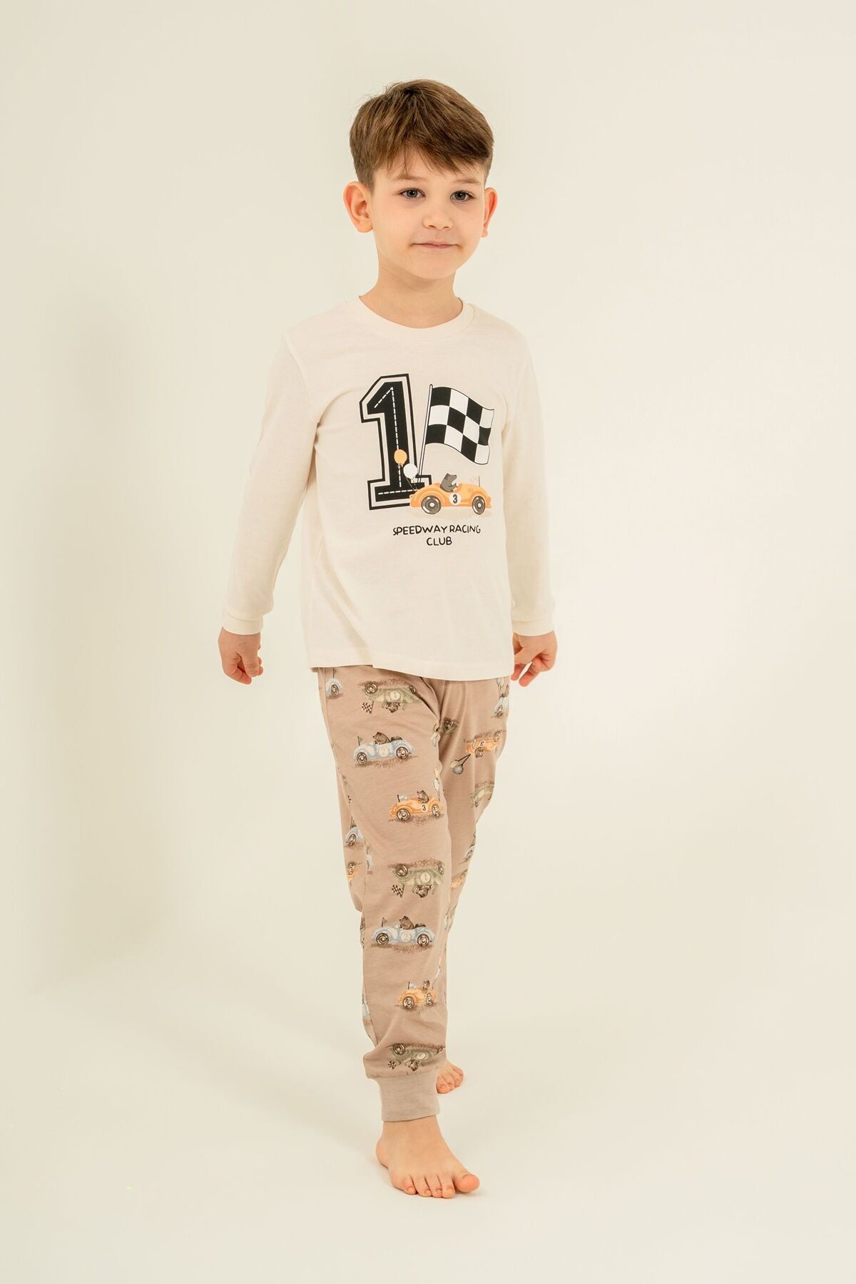Rolypoly Erkek Çocuk Speedway Racing Club Beyazuzun Kol Pijama Takım RP3875-C-V1