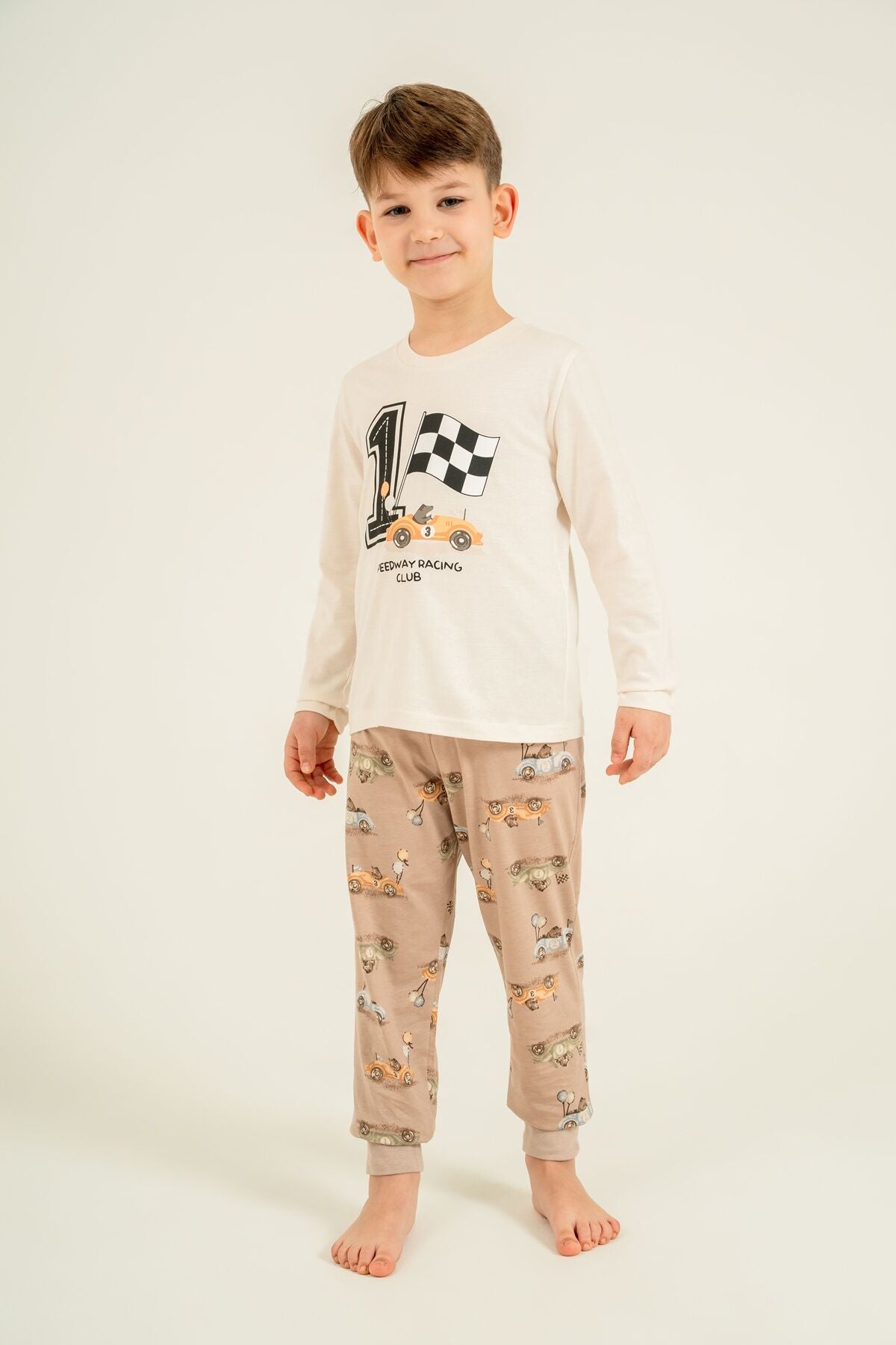 Rolypoly Erkek Çocuk Speedway Racing Club Beyazuzun Kol Pijama Takım RP3875-C-V1