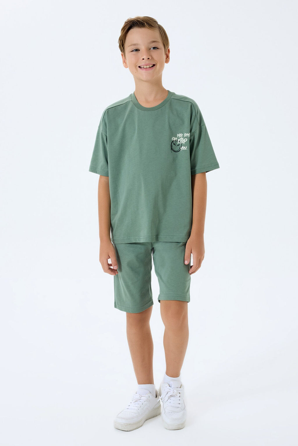 Rolypoly Erkek Çocuk Bisiklet Yaka Baskılı Yazlık Oversize Fit Yeşil Bermuda Takım RP3758-C-V2