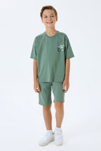 Rolypoly Erkek Çocuk Bisiklet Yaka Baskılı Yazlık Oversize Fit Yeşil Bermuda Takım RP3758-C-V2