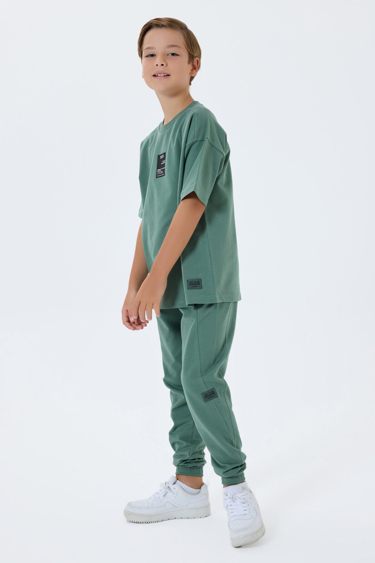 Rolypoly Erkek Çocuk Bisiklet Yaka Baskılı Yazlık Oversize Fit Yeşil Eşofman Takımı RP3768-C-V1 Ürün ana görseli