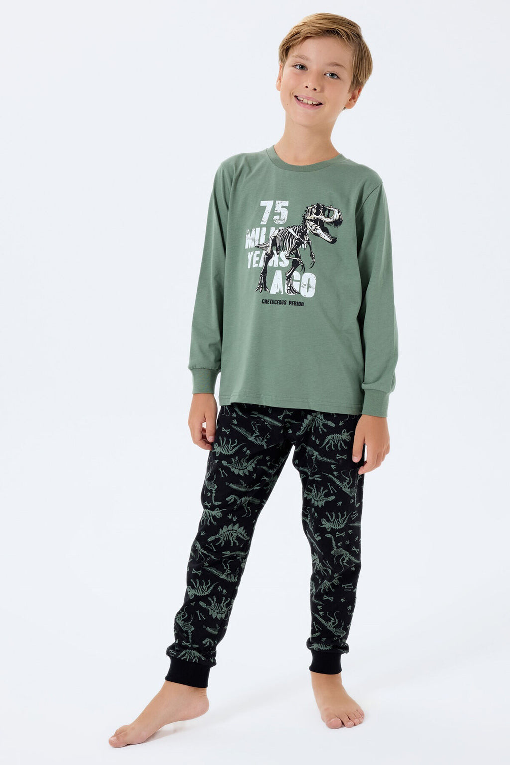 Rolypoly Erkek Çocuk Bisiklet Yaka Baskılı Yazlık Relaxed Fit Yeşil Pijama Takımı RP3740-C-V1