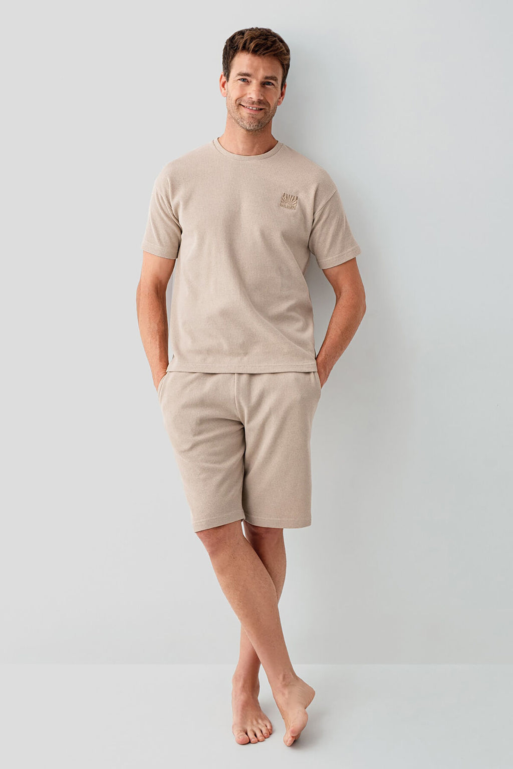 Rolypoly Erkek Bisiklet Yaka Baskılı Yazlık Regular Fit Kahverengi Bermuda Takım RP3725-S-V2