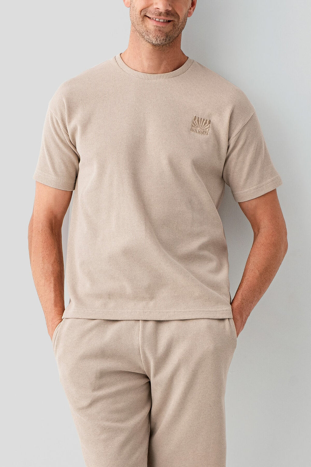 Rolypoly Erkek Bisiklet Yaka Baskılı Yazlık Regular Fit Kahverengi Bermuda Takım RP3725-S-V2