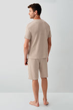 Rolypoly Erkek Bisiklet Yaka Baskılı Yazlık Regular Fit Kahverengi Bermuda Takım RP3725-S-V2