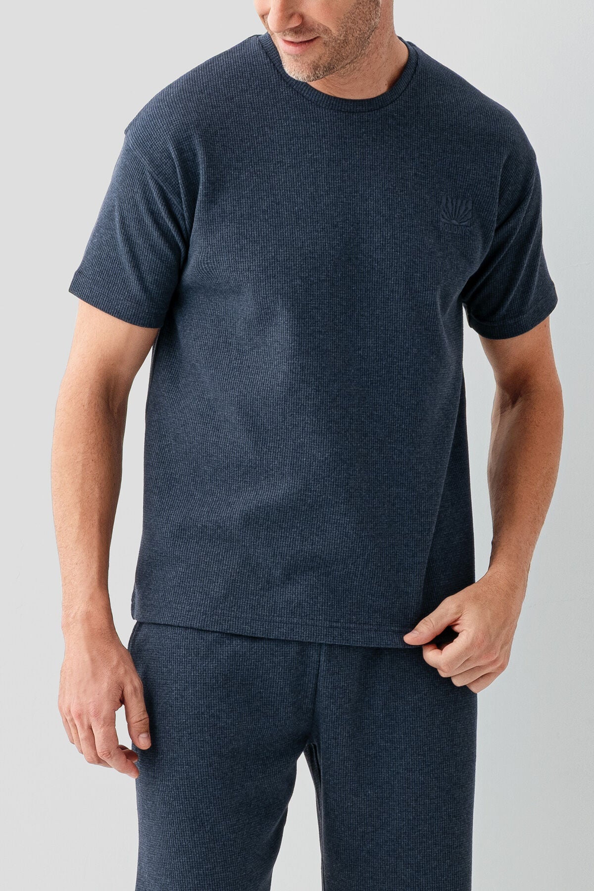 Rolypoly Erkek Bisiklet Yaka Baskılı Yazlık Regular Fit Mavi Bermuda Takım RP3725-S-V1