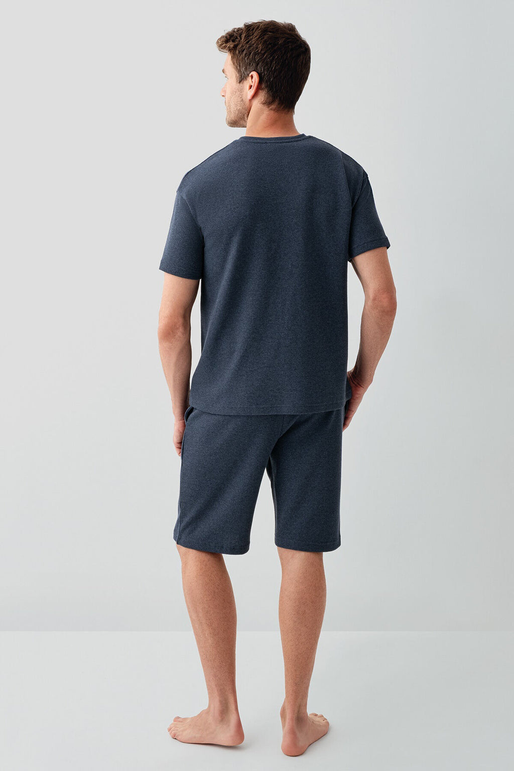 Rolypoly Erkek Bisiklet Yaka Baskılı Yazlık Regular Fit Mavi Bermuda Takım RP3725-S-V1
