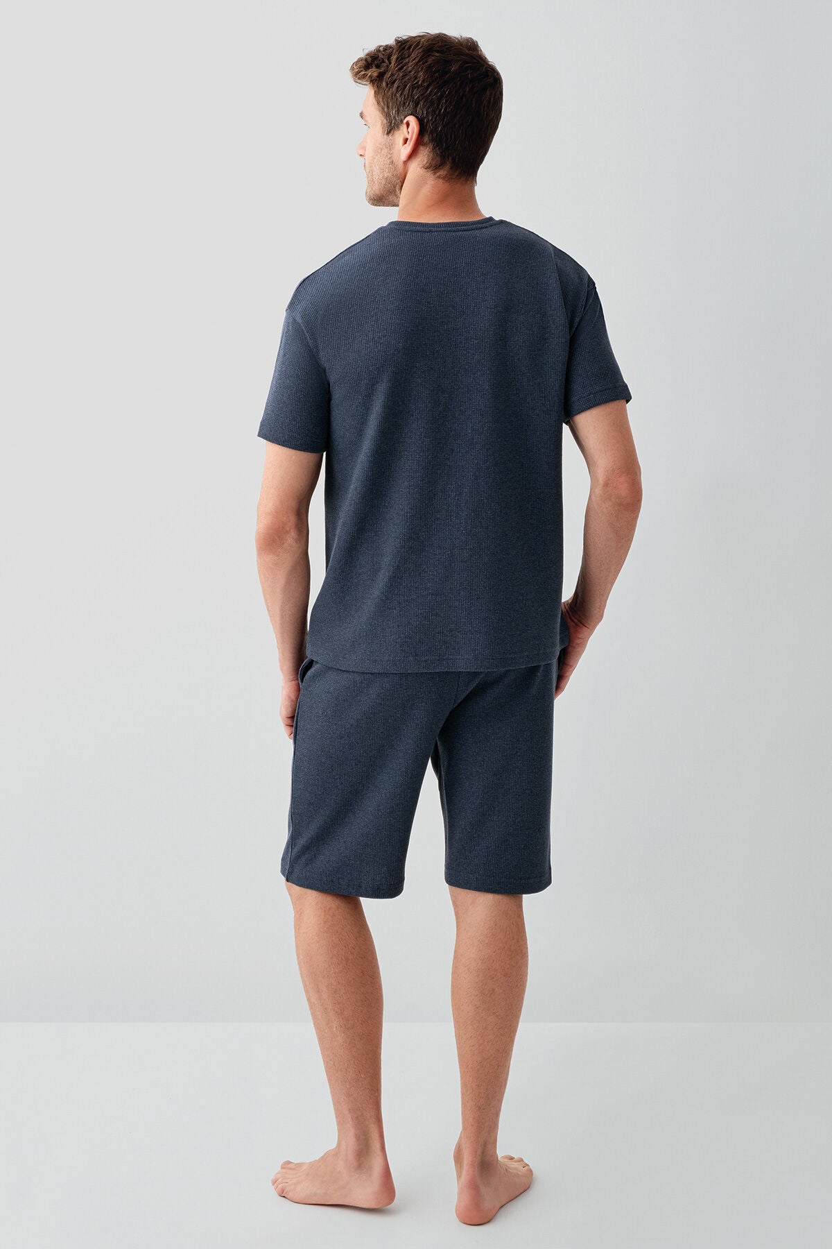 Rolypoly Erkek Bisiklet Yaka Baskılı Yazlık Regular Fit Mavi Bermuda Takım RP3725-S-V1