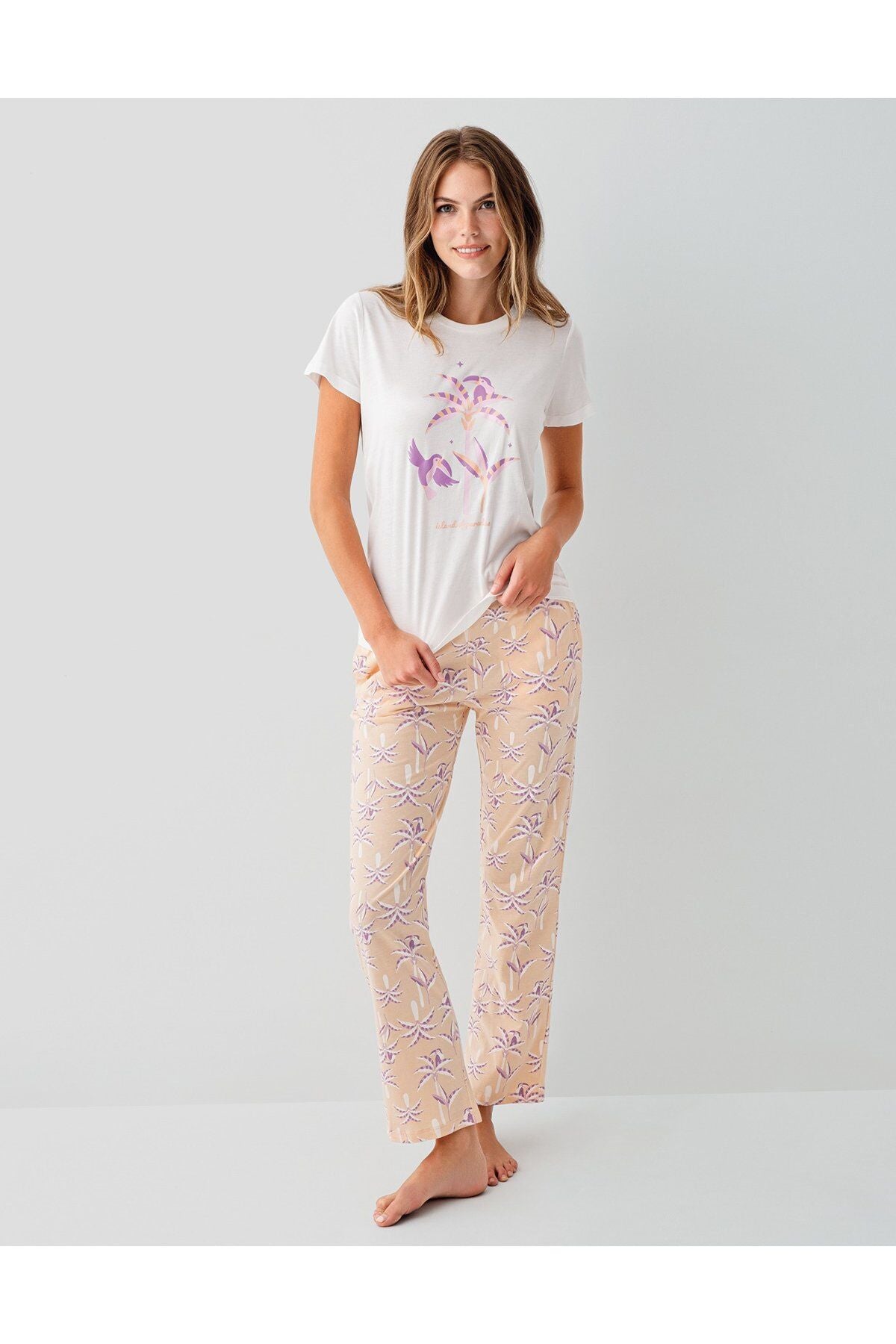 Rolypoly Kadın Bisiklet Yaka Baskılı Yazlık Regular Fit Beyaz Pijama Takımı RP3811-S-V1 Ürün ikincil görseli